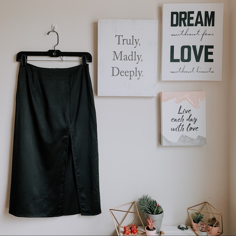 Forever 21 black satin midi skirt